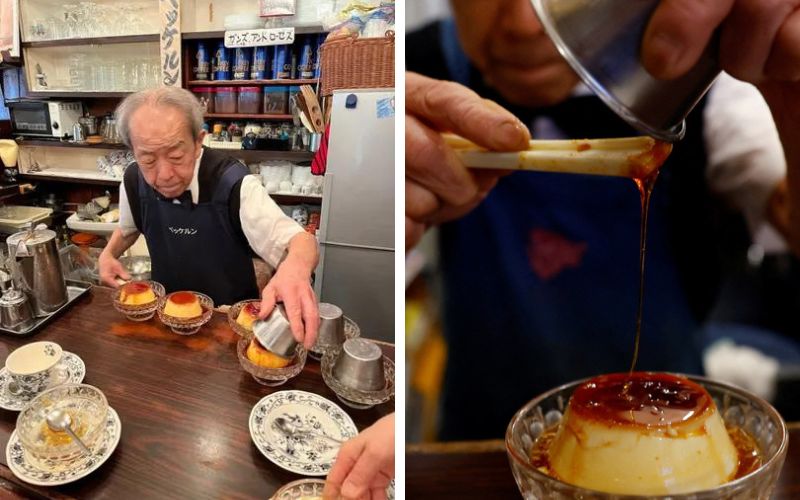 Ông Shizuo lấy bánh ra khỏi khuôn banh-flan